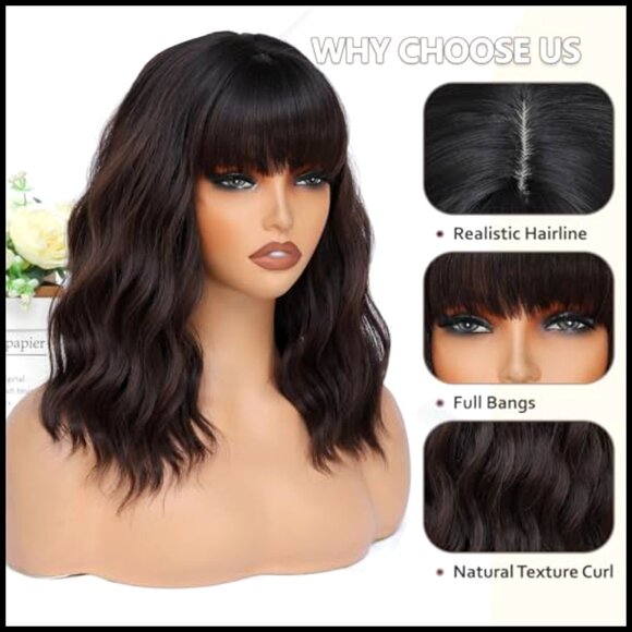 Short Bob Wig with Bangs Wavy Heat Resistant Synthetic Lightweight Adjustable main image 5